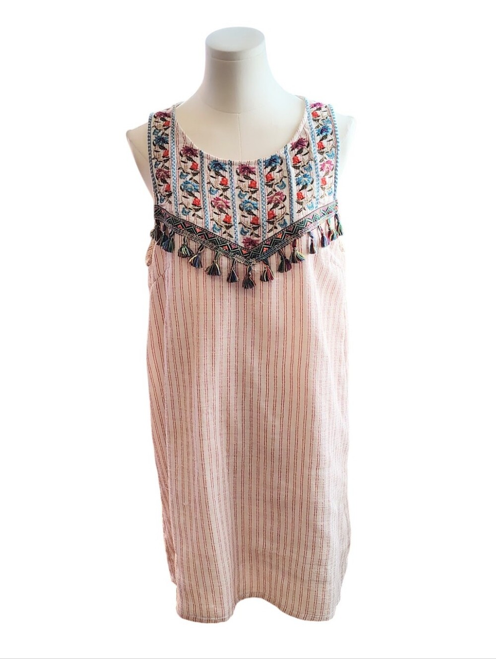 Entro Bohemian Cream Striped Floral Embroidered Tunic Dress Tassels Size Large